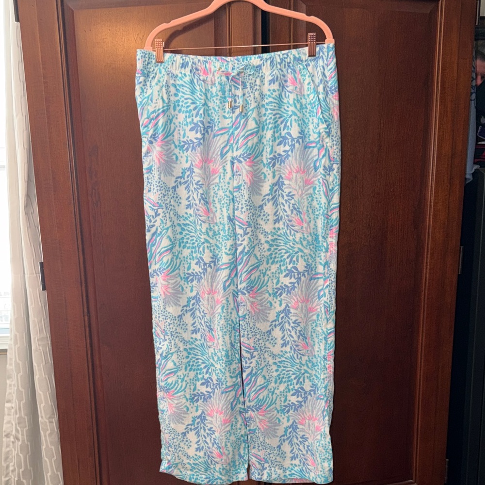 Lilly Pulitzer Linen Blue, Pink & White Tropical Print Wide-Leg Pants